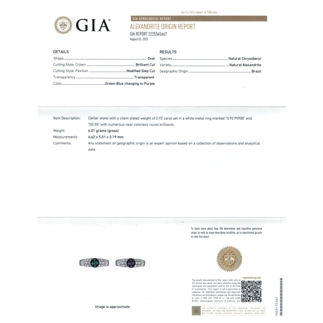 Natural Gem Quality Brazilian Alexandrite 0.92 carats set in Platinum Ring with 0.55 carats of Diamonds / GIA Report