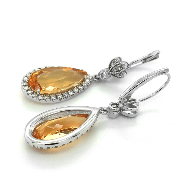 Natural Precious Yellow Topaz 10.26 carats set in 14K White Gold Earrings with 0.45 carats Diamonds 