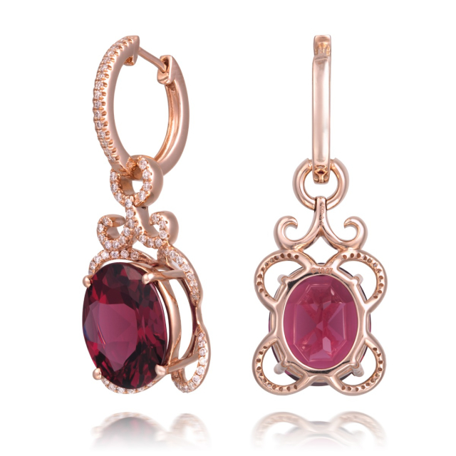 Natural Rhodolite Garnet 10.27 carats set in 14K Rose Gold Earrings with 0.48 carats Diamonds 