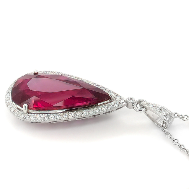 Natural Rubellite 10.36 carats set in 18K White Gold Pendant with 0.35 carats Diamonds