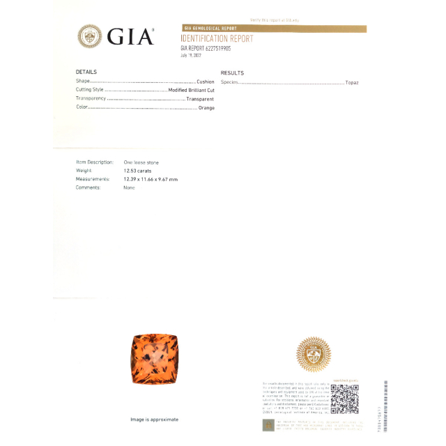 Natural Imperial Topaz 12.53 carats with GIA Report
