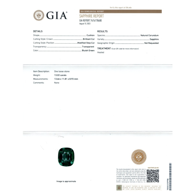 Natural Blue - Green Sapphire 13.02 carats with GIA Report