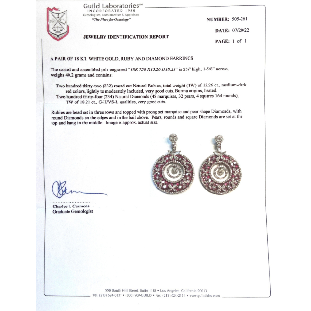 Natural Burmese Rubies 13.26 carats set in 18K White Gold Earrings with 18.21 carats Diamonds / Guild Lab. Report