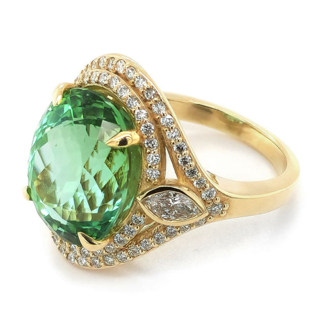 Natural Green Tourmaline 13.69 carats set in 18K Yellow Gold Ring with 1.02 carats Diamonds