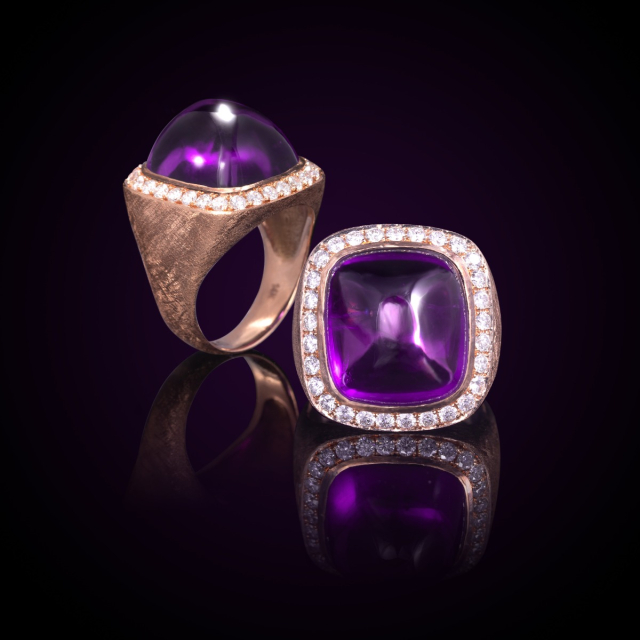 Natural Sugarloaf Amethyst 15.25 carats set in Satin finish 14K Rose Gold Ring with 0.76 carats Diamonds