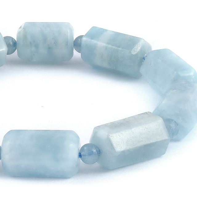 Untreated Natural Aquamarine 160.42 carats Faceted Tube Shape Beads Bracelet Strong with Expandable Silk Thread