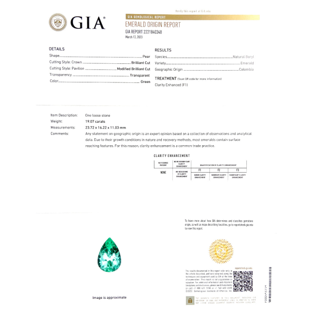 Natural Colombian Emerald 19.07 carats with GIA Report