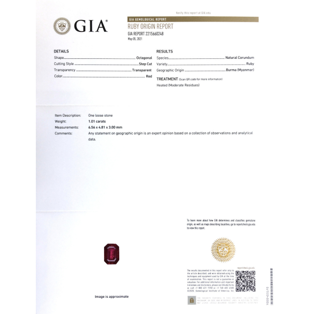 Natural Heated Burma Ruby 1.01 carats with GIA Report