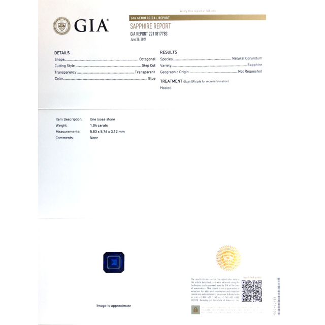 Natural Heated Blue Sapphire 1.04 carats with GIA Report