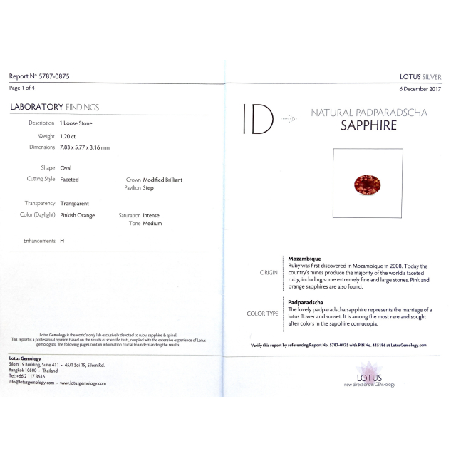 Natural Heated Padparadscha Sapphire 1.20 carats with Lotus Report