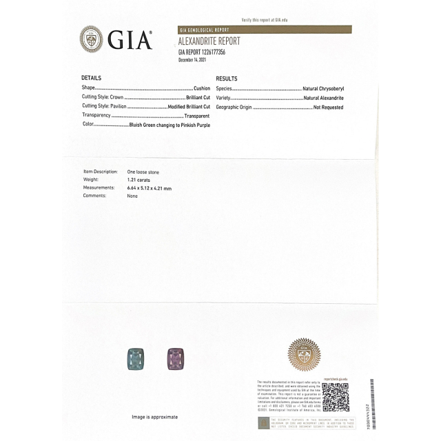 Natural Alexandrite 1.21 carats with GIA Report