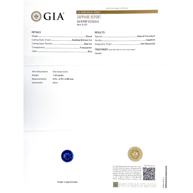 Natural Heated Blue Sapphire 1.40 carats with GIA Report