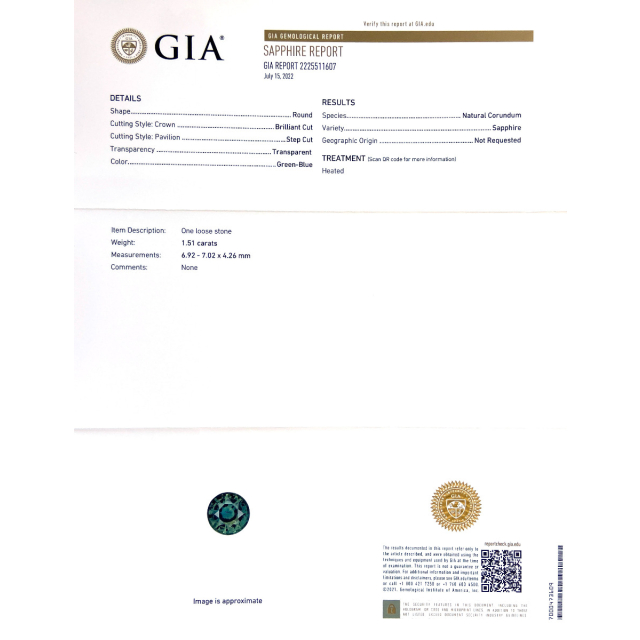 Natural Heated Teal Green-Blue Sapphire 1.51 carats with GIA Report