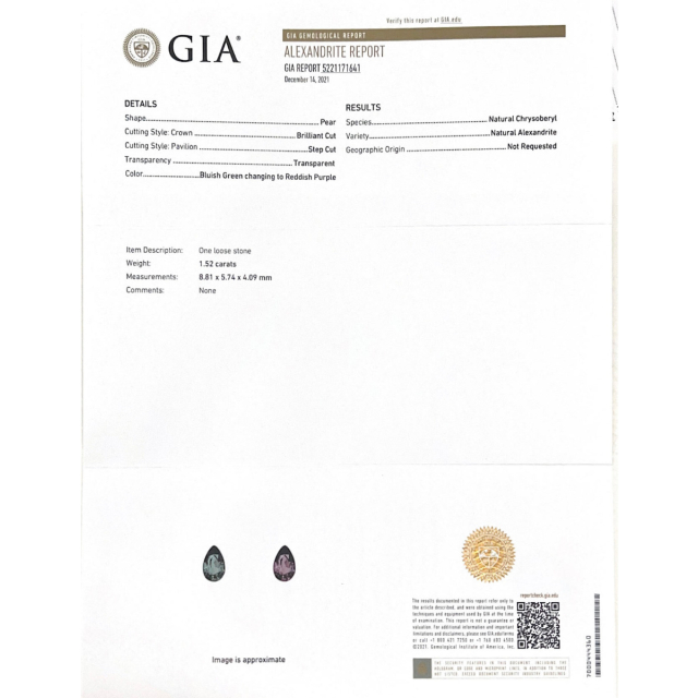 Natural Alexandrite 1.52 carats with GIA Report