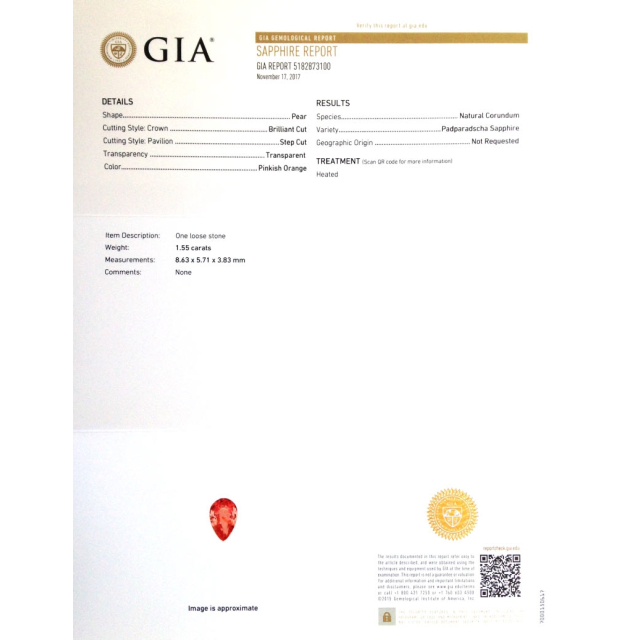 Natural Heated Padparadscha Sapphire 1.55 carats with GIA Report