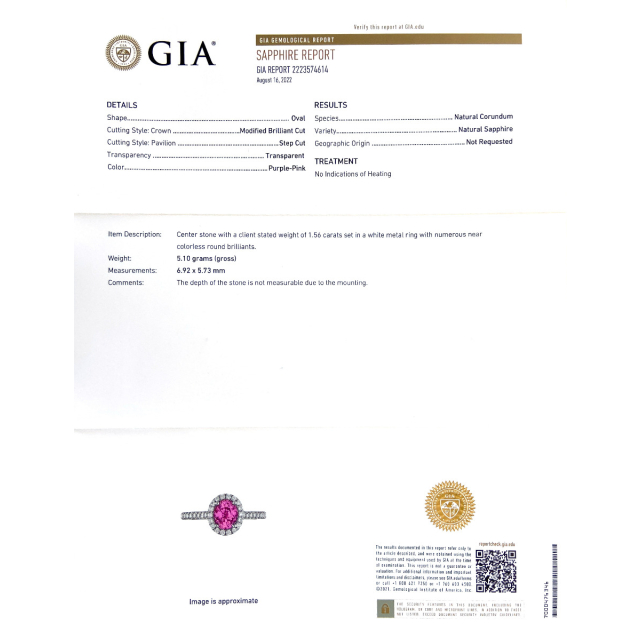 Natural Pink Sapphire 1.56 carats set in Platinum Ring with 0.28 carats Diamonds / GIA Report