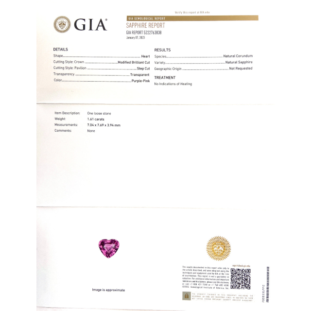 Natural Unheated Pink Sapphire 1.61 carats with GIA Report