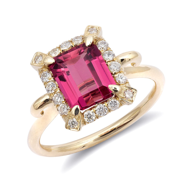 Natural Pink Tourmaline 1.62 carats set in 14K Yellow Gold Ring with 0.22 carats Diamonds 