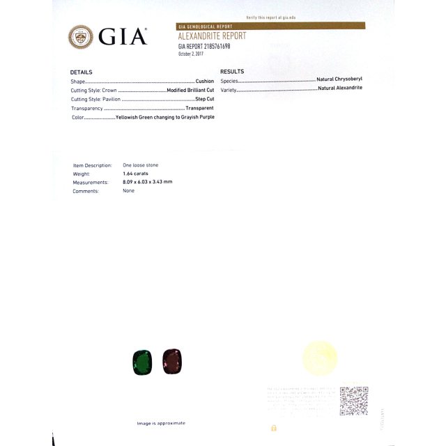 Natural Alexandrite 1.64 carats with GIA Report