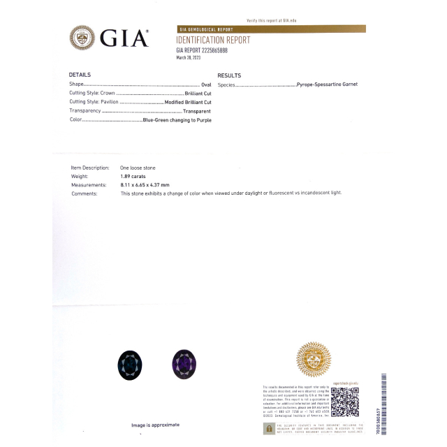 Natural Color Change Garnet 1.89 carats with GIA Report