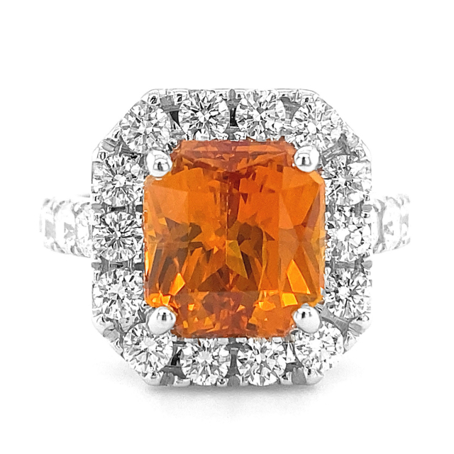 Natural Heated Vivid Orange Sapphire 5.98 carats set in 18K White Gold Ring with 1.69 carats Diamonds 