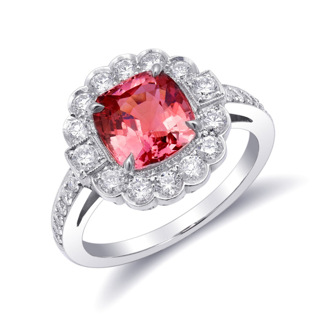 Natural Heated Padparadscha Sapphire 2.68 carats set in Platinum Art Deco Ring with 0.71 carats Diamonds / GRS Report