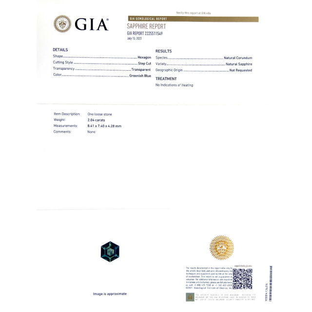 Natural Unheated Hexagonal Teal Greenish Blue Sapphire 2.04 carats with GIA Report