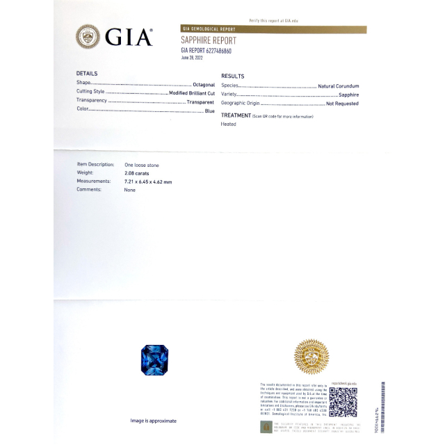 Natural Blue Sapphire 2.08 carats with GIA Report