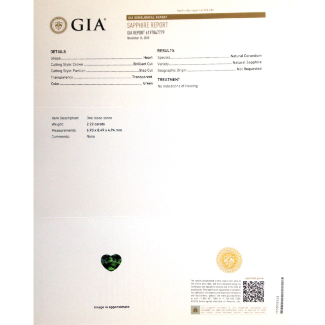 Natural Unheated Teal Green Sapphire heart shape 2.22 carats with GIA Report