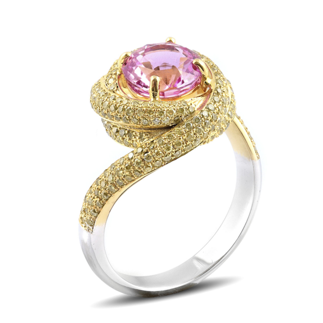 Natural Unheated Pink Sapphire 2.24 carats set in 18K White and Yellow Gold Ring with 2.74 carats of Yellow Diamonds / GIA Report