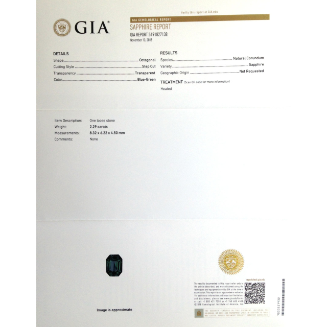 Natural Heated Blue-Green Sapphire octagonal shape 2.29 carats with GIA Report