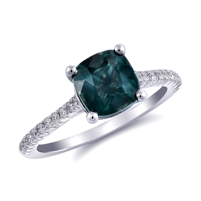 Natural Teal Blue-Green Sapphire 2.31 carats set in 14K White Gold Ring with 0.25 carats Diamonds / GIA Report