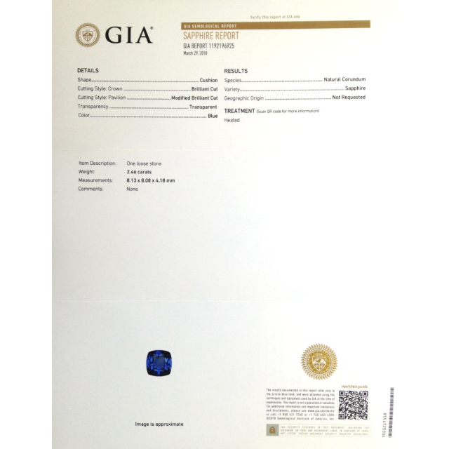 Natural Heated Blue Sapphire 2.46 carats with GIA Report