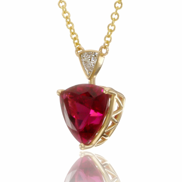 Natural Rubellite 2.50 carats set in 14K Yellow Gold Pendant with 0.12 carats Diamonds