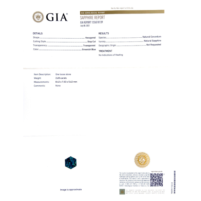Natural Unheated Hexagonal Teal Greenish Blue Sapphire 2.65 carats with GIA Report