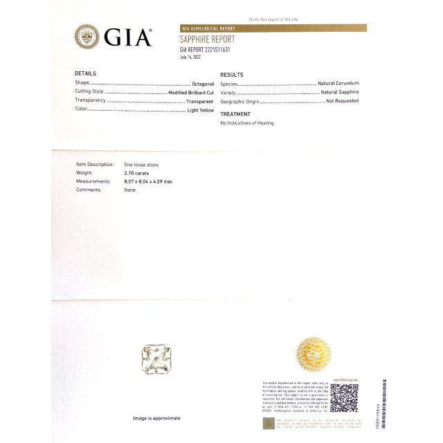 Natural Unheated Yellow Sapphire 2.70 carats with GIA Report