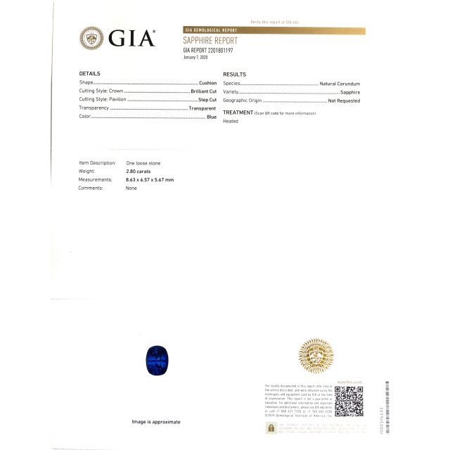 Natural Heated Blue Sapphire 2.80 carats with GIA Report