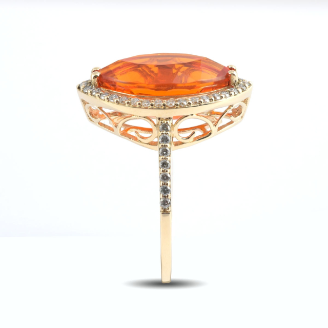 Natural Mexican Fire Opal 2.89 carats set in 14K Yellow Gold Ring with 0.30 carats Diamonds