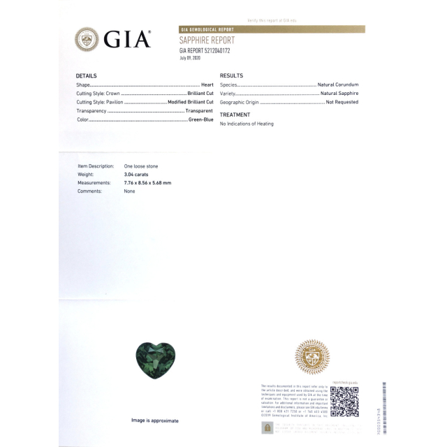 Natural Unheated Teal Green-Blue Sapphire heart shape 3.04 carats with GIA Report