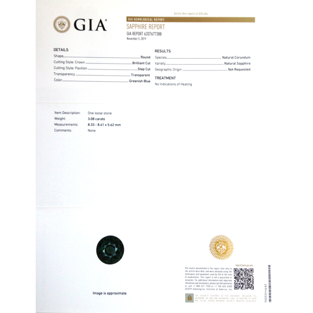 Natural Unheated Teal Greenish Blue Sapphire round shape 3.08 carats with GIA Report