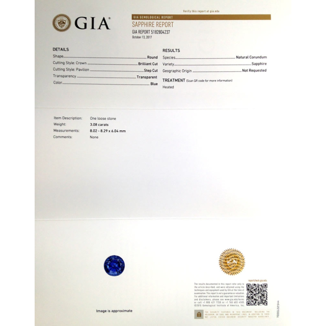 Natural Heated Blue Sapphire 3.08 carats with GIA Report