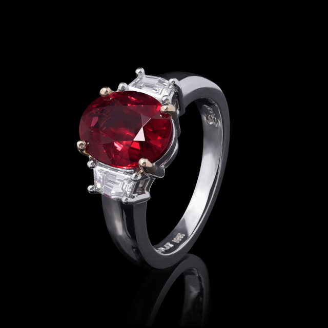 Natural Unheated Mozambique Vivid Red Ruby 3.10 carats set in Platinum Ring with 0.52 carats Diamonds / GIA and GRS Reports