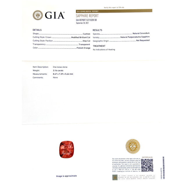 Natural Unheated Padparadscha Sapphire 3.16 carats with GIA Report