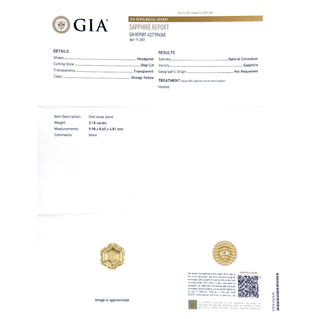 Natural Hexagonal Yellow Sapphire 3.18 carats with GIA Report