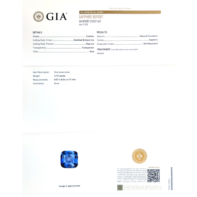 Natural Blue Sapphire 3.19 carats with GIA Report