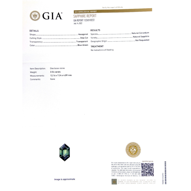 Natural Unheated Hexagonal Teal Blue-Green Sapphire 3.54 carats with GIA Report