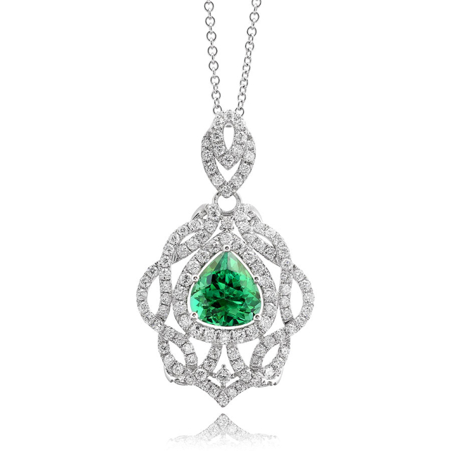 Natural Green Tourmaline 3.58 carats set in 14K White Gold Pendant with 1.83 carats Diamonds