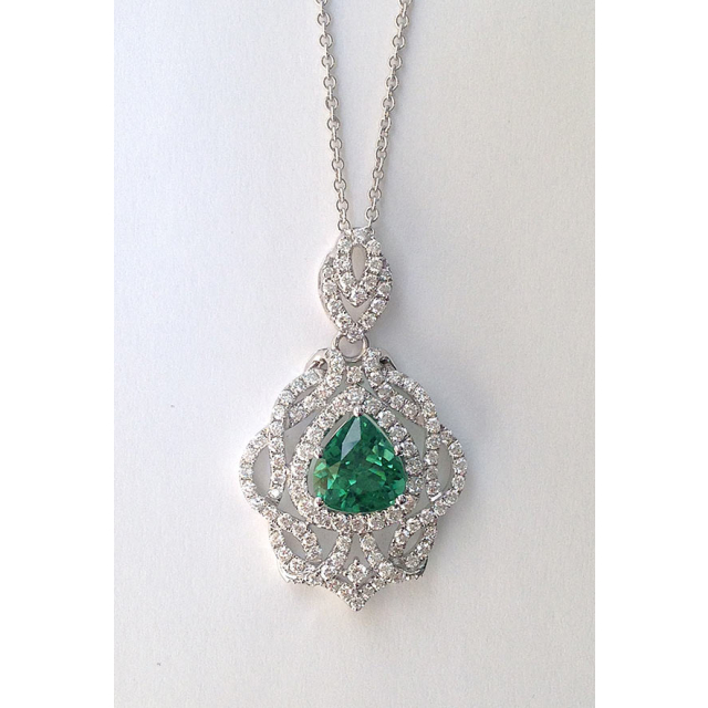 Natural Green Tourmaline 3.58 carats set in 14K White Gold Pendant with 1.83 carats Diamonds