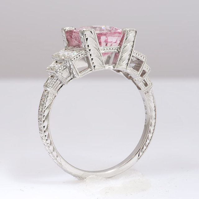 Natural Heated Padparadscha Sapphire 3.61 carats set in Platinum Art Deco Ring with 0.54 carats Diamonds / GRS Report