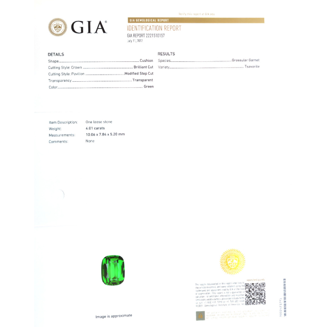Natural Tsavorite Garnet 4.01 carats with GIA Report